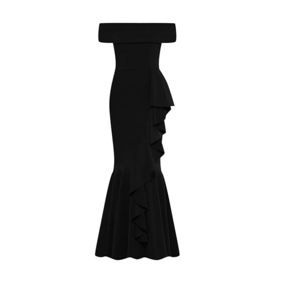 NEW Betsy & Adam BLACK Carina OFF THE SHOULDER Crepe RUFFLE Mermaid GOWN - Picture 13 of 13